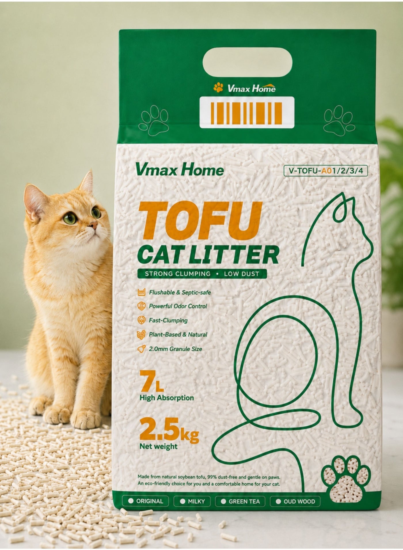 Tofu Cat Litter Oud Scent 7L 2.5kg, Flushable Fast Clumping Plant Based Pellets, Low Dust Low Tracking Odor Control, 2mm Fine Pellets for Cats & Kittens