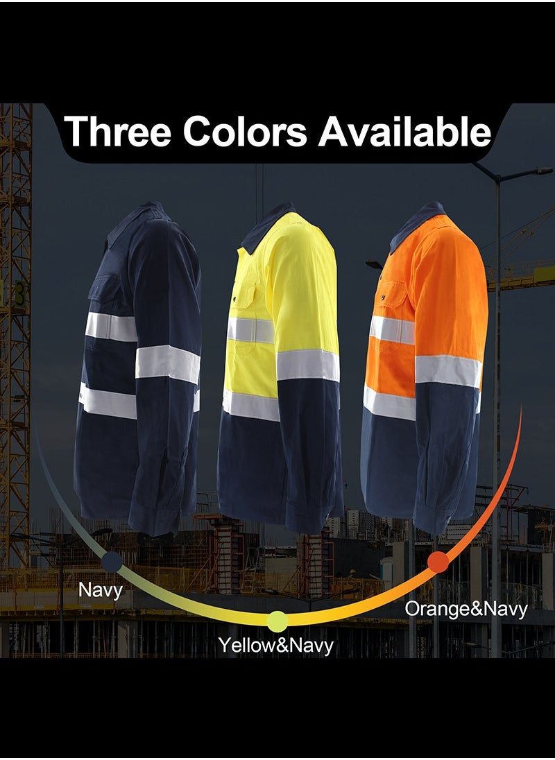 Zuolaya - Reflective Safety Workwear High Visibility T-Shirt for Construction Work Safety Long Sleeve Shirts with Pockets Orange/Navy - Image 1