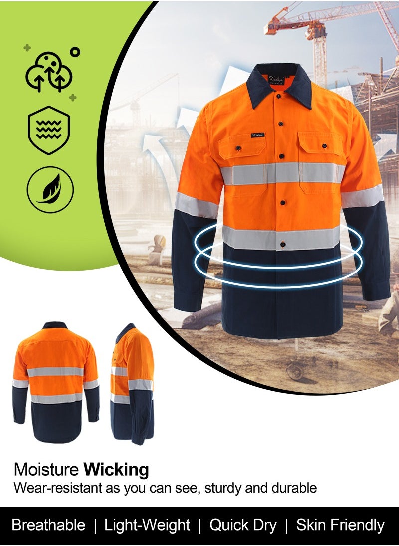 Zuolaya - Reflective Safety Workwear High Visibility T-Shirt for Construction Work Safety Long Sleeve Shirts with Pockets Orange/Navy - Image 1