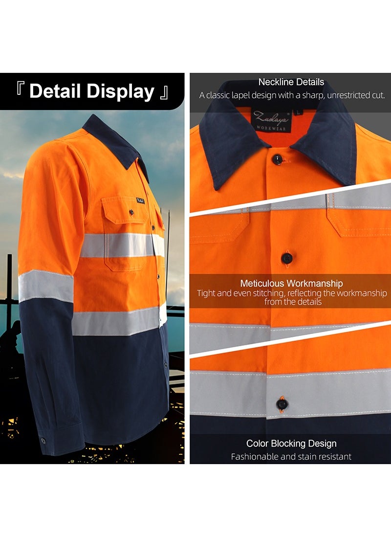 Zuolaya - Reflective Safety Workwear High Visibility T-Shirt for Construction Work Safety Long Sleeve Shirts with Pockets Orange/Navy - Image 1