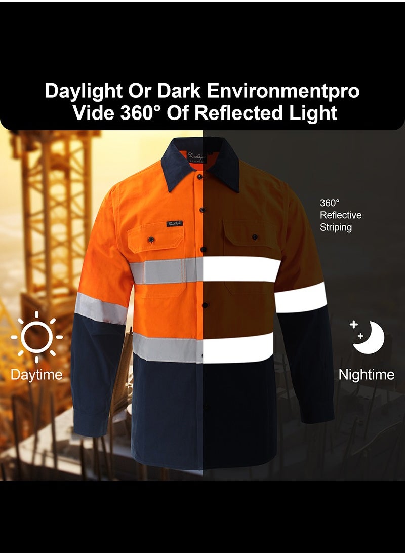 Zuolaya - Reflective Safety Workwear High Visibility T-Shirt for Construction Work Safety Long Sleeve Shirts with Pockets Orange/Navy - Image 1
