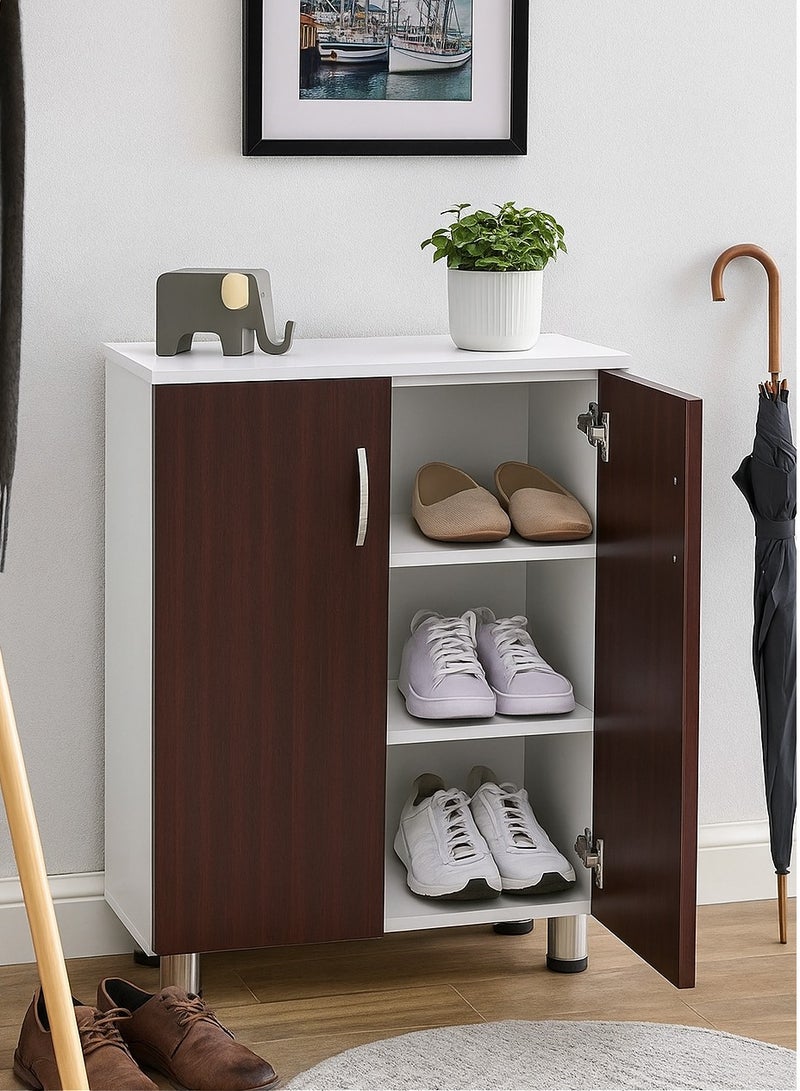 AFT Modern Two-tone Shoe Cabinet Rack Storage With 2 Doors - Durable Mdf Design Elegant Mdf Shoe Cabinet: Dual Doors And Organized Shelves. Mdf Shoe Cabinet With 2 Doors - Stylish Storage Solution Perfect For Any Entryway, Living Room, Dining Room Or Bedrooms Space-saving Design, Organize Your Footwear Effortlessly White Frame Mahogany Door Arfan - Image 1