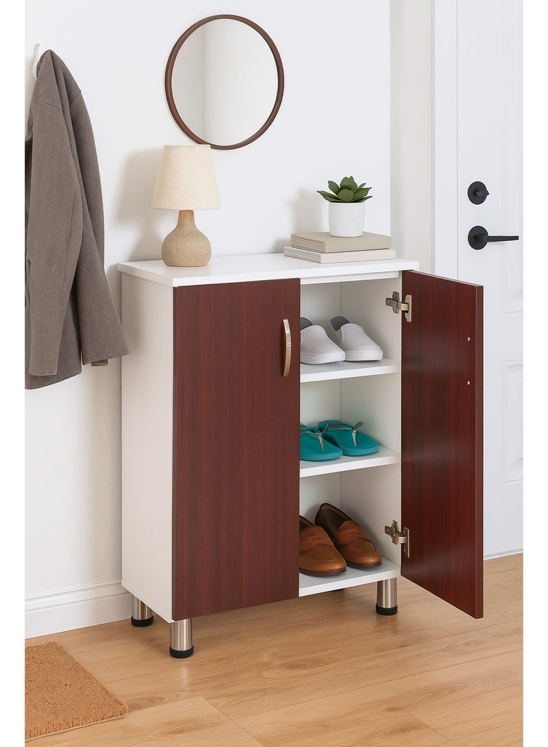 AFT Modern Two-tone Shoe Cabinet Rack Storage With 2 Doors - Durable Mdf Design Elegant Mdf Shoe Cabinet: Dual Doors And Organized Shelves. Mdf Shoe Cabinet With 2 Doors - Stylish Storage Solution Perfect For Any Entryway, Living Room, Dining Room Or Bedrooms Space-saving Design, Organize Your Footwear Effortlessly White Frame Mahogany Door Arfan - Image 2