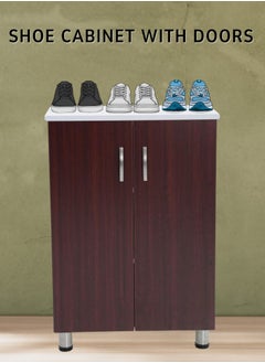 AFT Modern Two-tone Shoe Cabinet Rack Storage With 2 Doors - Durable Mdf Design Elegant Mdf Shoe Cabinet: Dual Doors And Organized Shelves. Mdf Shoe Cabinet With 2 Doors - Stylish Storage Solution Perfect For Any Entryway, Living Room, Dining Room Or Bedrooms Space-saving Design, Organize Your Footwear Effortlessly White Frame Mahogany Door Arfan  - Image 1