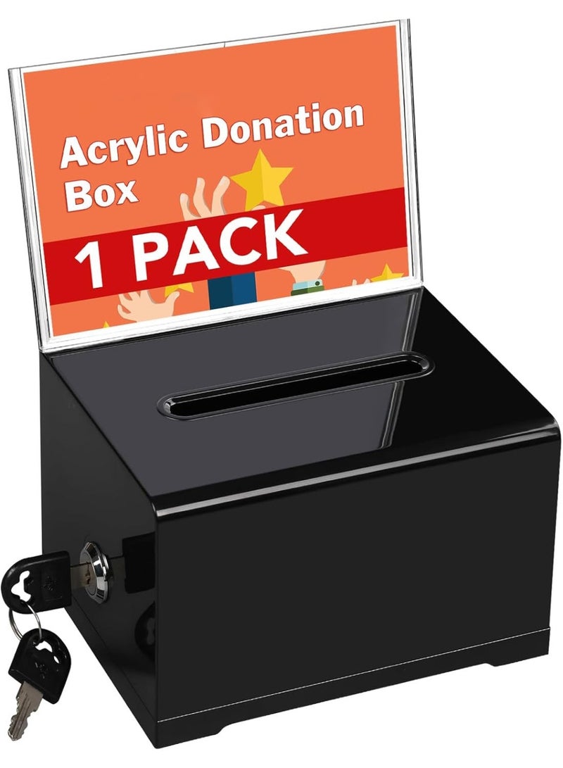 Acrylic Donation Box with Lock & Sign Holder, 6.2x4.6x3.9 Inch Black Tip Jar, Secure Suggestion Box for Voting Fundraising Bar School Office - Image 1
