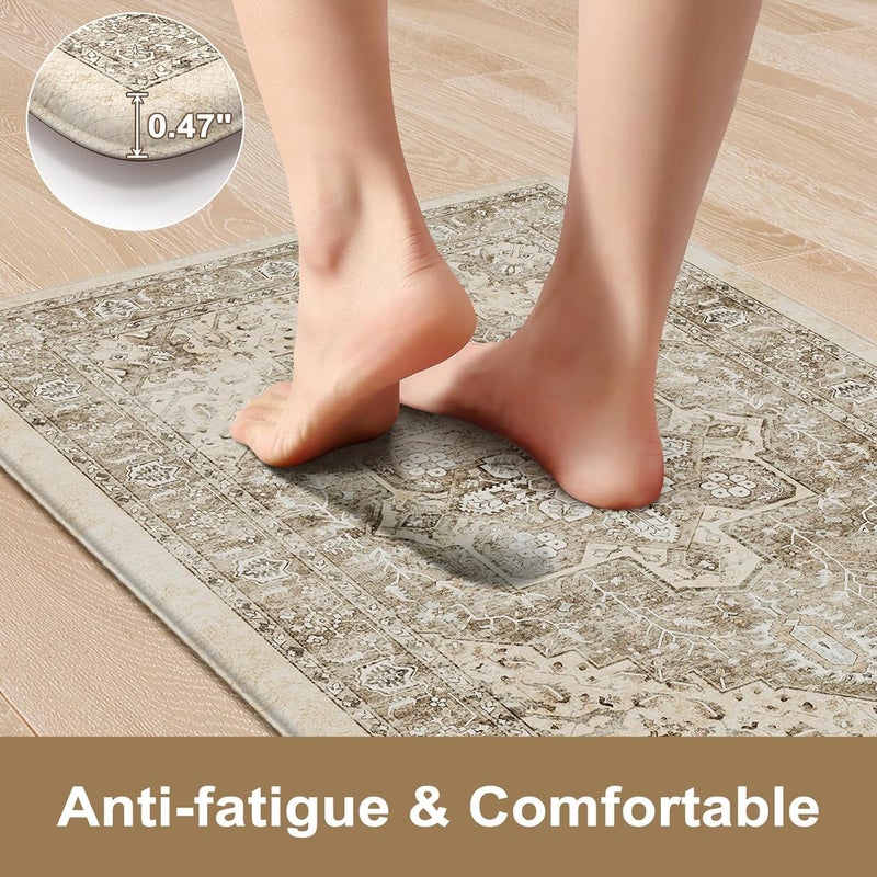 KIMODE Anti Fatigue Kitchen Mats 20"x71"+20"x32", Boho Distressed Kitchen Rugs Sets of 2, Non Slip Waterproof Kitchen Floor Mats, Memory Foam Kitchen Mat for Sink Laundry Desk Bedroom Khaki - Image 3