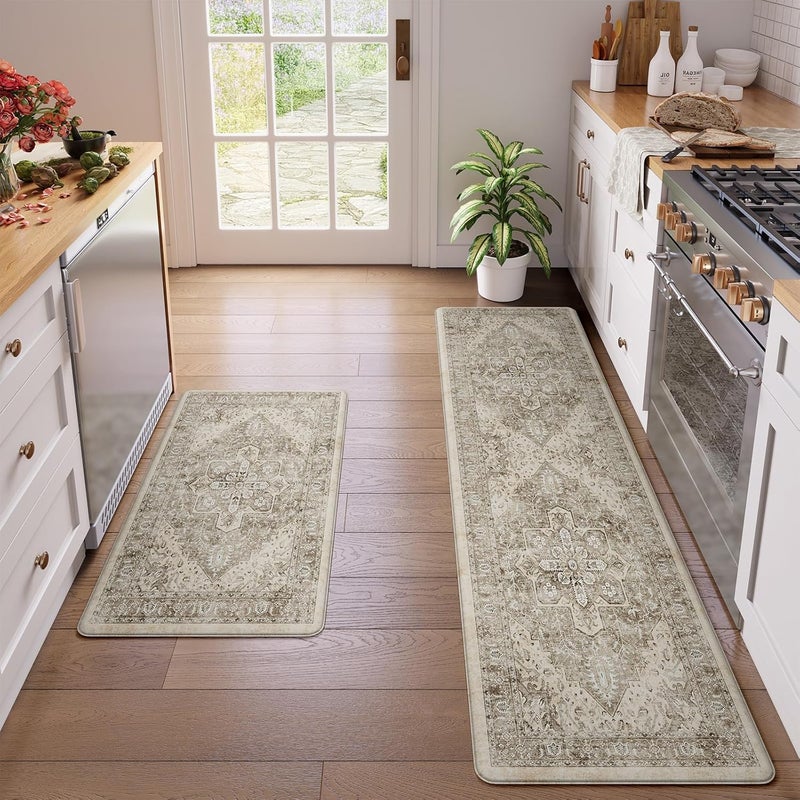 KIMODE Anti Fatigue Kitchen Mats 20"x71"+20"x32", Boho Distressed Kitchen Rugs Sets of 2, Non Slip Waterproof Kitchen Floor Mats, Memory Foam Kitchen Mat for Sink Laundry Desk Bedroom Khaki - Image 1