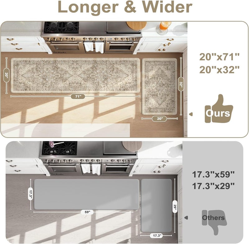 KIMODE Anti Fatigue Kitchen Mats 20"x71"+20"x32", Boho Distressed Kitchen Rugs Sets of 2, Non Slip Waterproof Kitchen Floor Mats, Memory Foam Kitchen Mat for Sink Laundry Desk Bedroom Khaki - Image 2