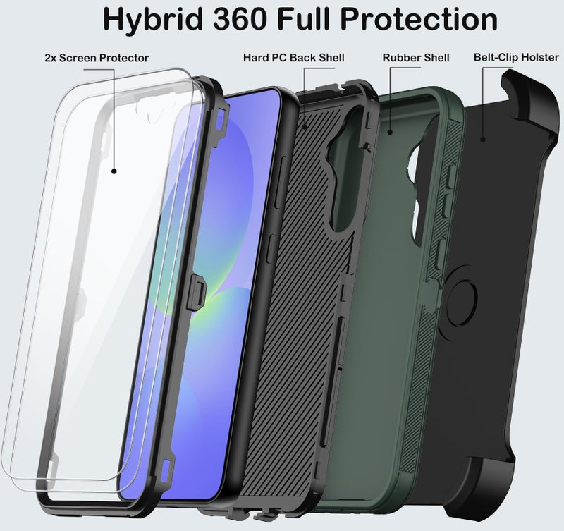 KECAI for Samsung Galaxy A36 5G Case with Belt Clip Holster,2X Screen Protectors & Kickstand,Heavy Duty Shockproof Drop Protection Bumper Military Grade Full Body Rugged Durable Phone Cover (Deep Green) - Image 3