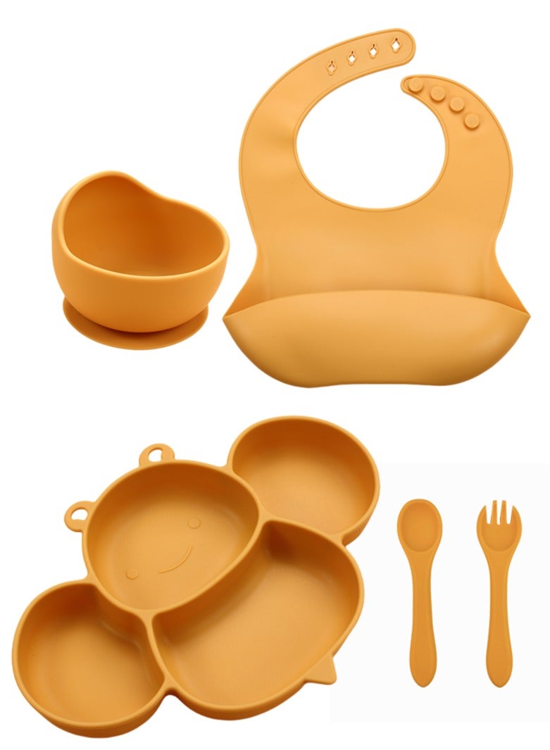 Silicone Baby Feeding Set, 5-Piece, Yellow, Includes Bib, Suction Bowl, Divided Plate, and Utensils