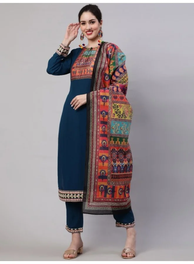 AKS Blue & Yellow Printed Kurta & Pant With Dupatta Set