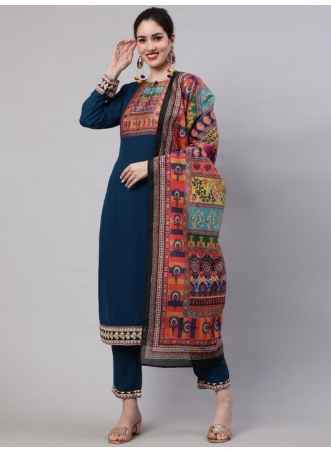 أيه كيه إس طقم كورتا وبنطلون مع دوباتا مطبوع باللونين الأزرق والأصفر - Image 1