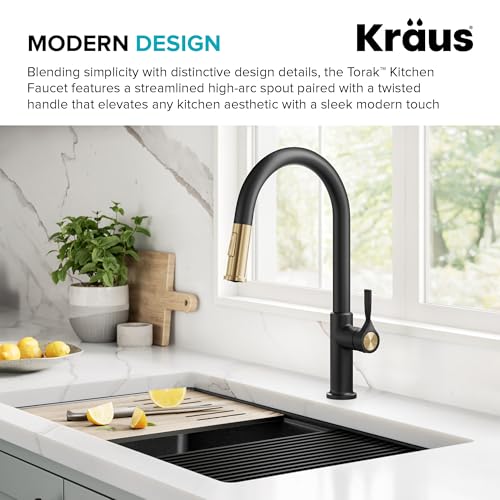 KRAUS Torak Pull Down Kitchen Faucet in SpotFree Brushed BrassMatte Black with 2 Function Sprayer PreAttached Water Lines and Mounting Hardware KPF2840SFBBMB - Image 3