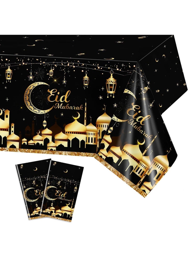 SYOSI 1Pcs Eid Mubarak Black Moon Theme Party Tablecloths, Ramadan Party Supplies Black and Golden Rectangle Table Cover for Eid Al-fitr Party Decorations Favors(Disposable) - Image 1