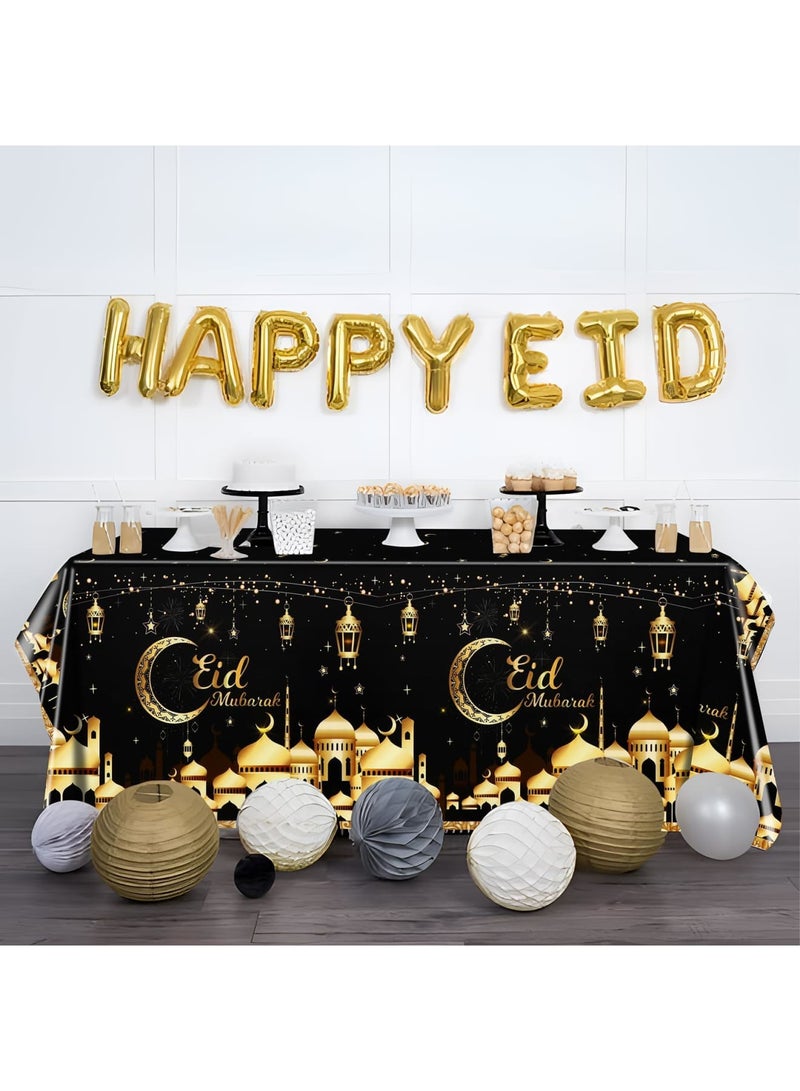 SYOSI 1Pcs Eid Mubarak Black Moon Theme Party Tablecloths, Ramadan Party Supplies Black and Golden Rectangle Table Cover for Eid Al-fitr Party Decorations Favors(Disposable) - Image 4