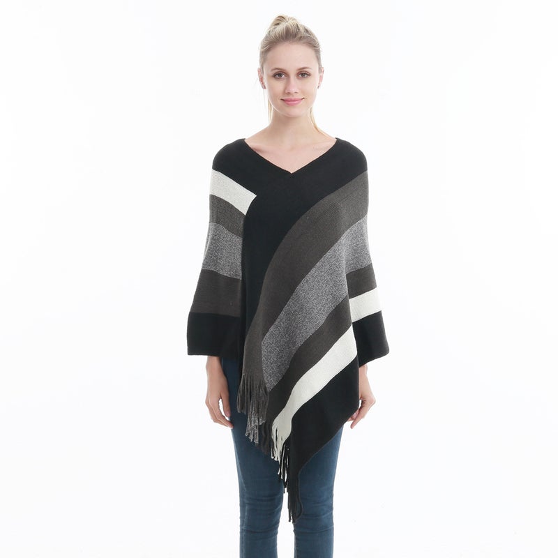 New Hot Spring and Autumn Pullover Cloak Shawl Tassel Warm Knitted Large Size Loose Blouse Cloak Top Spot Black and White 