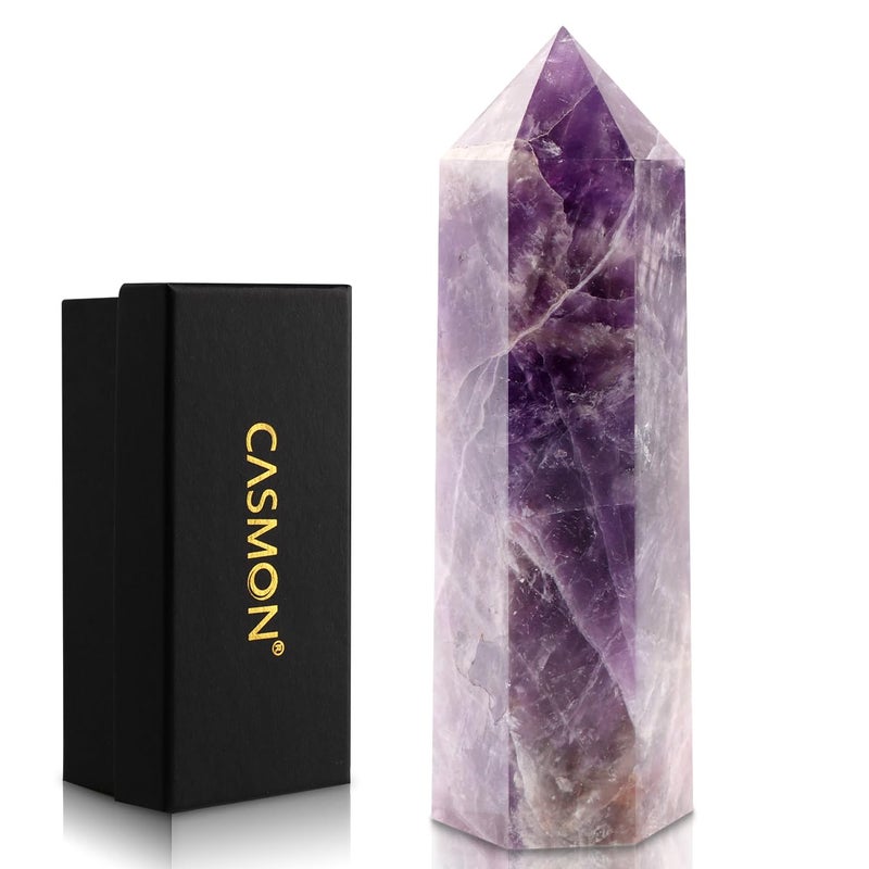 CASMON Rose Quartz Crystal Wand 3.2"-3.5" Healing Crystal Tower, Natural Large 6 Faceted Point Wand Stone with Gift Box for Reiki, Chakra, Meditation, Collection, Home DÃ©cor