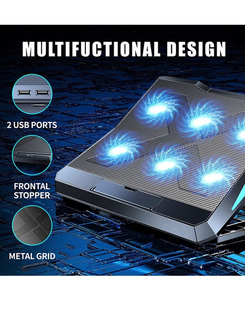 Laptop Cooling Pad, 2022 Upgrade Laptop Cooler Pad with 6 Cooling Fans, 6 Adjustable Height Stands, USB Powered Chill Mat for 11-15.6 Inch Laptops Blue LED Lights