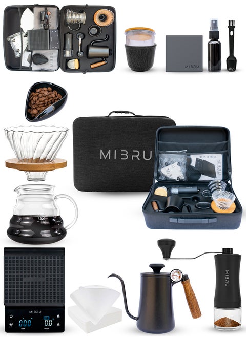 MIBRU V60 Pour Over Premium Drip Coffee Maker Kit – 14-Piece Complete Specialty Coffee Brewing Set Includes Built-in Glass Coffee Pot, Precision Thermometer, Electric Coffee Bean Grinder, Gooseneck Slim Neck Kettle for Perfect Pour Control, Coffee Sharing Pot, V60 Zigzag Dripper, Paper Coffee Filters, Bean Weighing Tray, Fine Mist Spray Bottle for Bloom Control, Measuring Spoon for Accurate Dosing, Reusable Travel Coffee Bag, Stylish Coffee Mug, and Cleaning Accessories – Ideal for Manual Hand Drip Brewing at Home, in the Office, or by Professional Baristas – Perfect Gift for Coffee Enthusiasts and Third Wave Coffee Lovers Seeking Full Flavor Extraction and Craft Experience