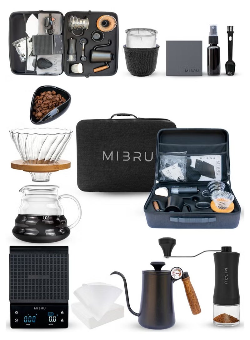MIBRU V60 Pour Over Premium Drip Coffee Maker Kit – 14-Piece Complete Specialty Coffee Brewing Set Includes Built-in Glass Coffee Pot, Precision Thermometer, Electric Coffee Bean Grinder, Gooseneck Slim Neck Kettle for Perfect Pour Control, Coffee Sharing Pot, V60 Zigzag Dripper, Paper Coffee Filters, Bean Weighing Tray, Fine Mist Spray Bottle for Bloom Control, Measuring Spoon for Accurate Dosing, Reusable Travel Coffee Bag, Stylish Coffee Mug, and Cleaning Accessories – Ideal for Manual Hand Drip Brewing at Home, in the Office, or by Professional Baristas – Perfect Gift for Coffee Enthusiasts and Third Wave Coffee Lovers Seeking Full Flavor Extraction and Craft Experience - Image 1
