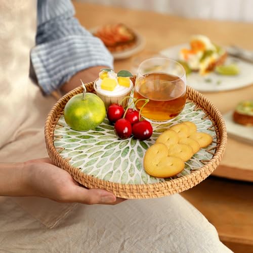 Tynulox Round Rattan Tray with Mother of Pearl Inlay, Rattan Serving Tray for Coffee, Bread, Fruits, Decorative Wicker Tray for Table Decor, Home Decor, Kitchen Island Decor (Green Leaf, 11.8") - Image 5