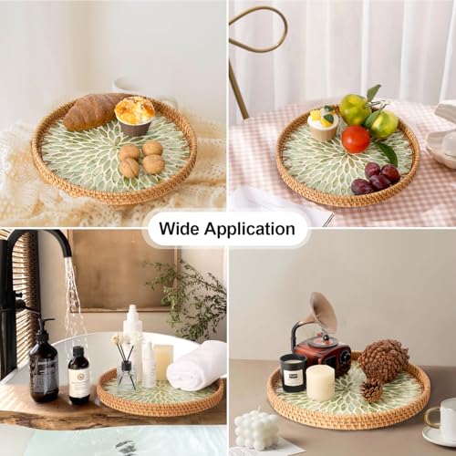 Tynulox Round Rattan Tray with Mother of Pearl Inlay, Rattan Serving Tray for Coffee, Bread, Fruits, Decorative Wicker Tray for Table Decor, Home Decor, Kitchen Island Decor (Green Leaf, 11.8") - Image 2