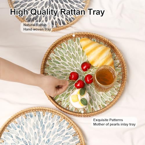 Tynulox Round Rattan Tray with Mother of Pearl Inlay, Rattan Serving Tray for Coffee, Bread, Fruits, Decorative Wicker Tray for Table Decor, Home Decor, Kitchen Island Decor (Green Leaf, 11.8") - Image 4