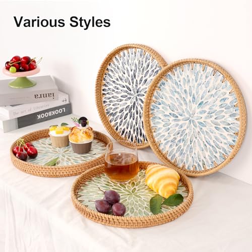 Tynulox Round Rattan Tray with Mother of Pearl Inlay, Rattan Serving Tray for Coffee, Bread, Fruits, Decorative Wicker Tray for Table Decor, Home Decor, Kitchen Island Decor (Green Leaf, 11.8") - Image 3