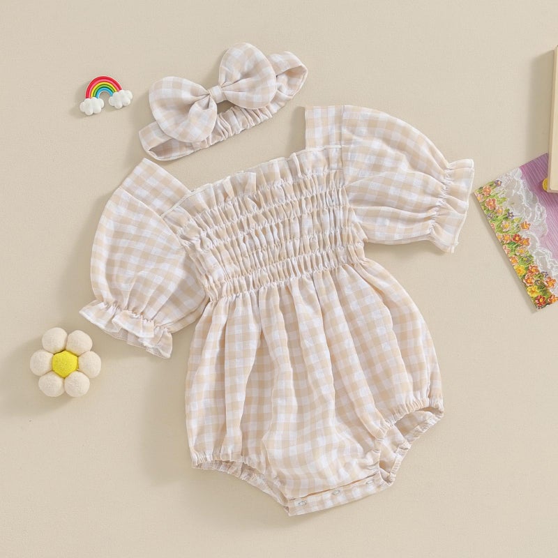 ZAXARRA Infant Baby Girl Plaid Romper Baby Pleated Romper Ruffle Festival Bodysuit Spring Summer Clothes with Headband (Khaki, 3-6 Months) - Image 3