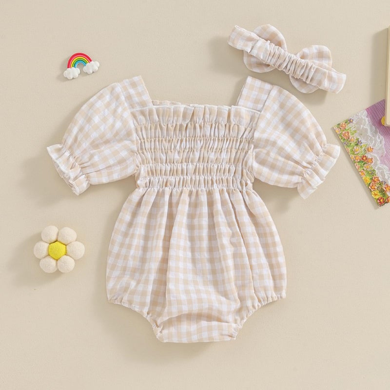 ZAXARRA Infant Baby Girl Plaid Romper Baby Pleated Romper Ruffle Festival Bodysuit Spring Summer Clothes with Headband (Khaki, 3-6 Months) - Image 4