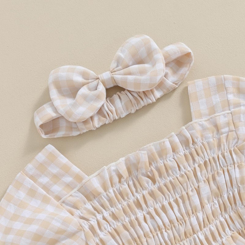 ZAXARRA Infant Baby Girl Plaid Romper Baby Pleated Romper Ruffle Festival Bodysuit Spring Summer Clothes with Headband (Khaki, 3-6 Months) - Image 5