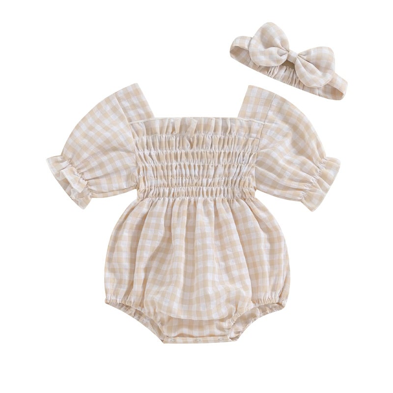 ZAXARRA Infant Baby Girl Plaid Romper Baby Pleated Romper Ruffle Festival Bodysuit Spring Summer Clothes with Headband (Khaki, 3-6 Months) - Image 1