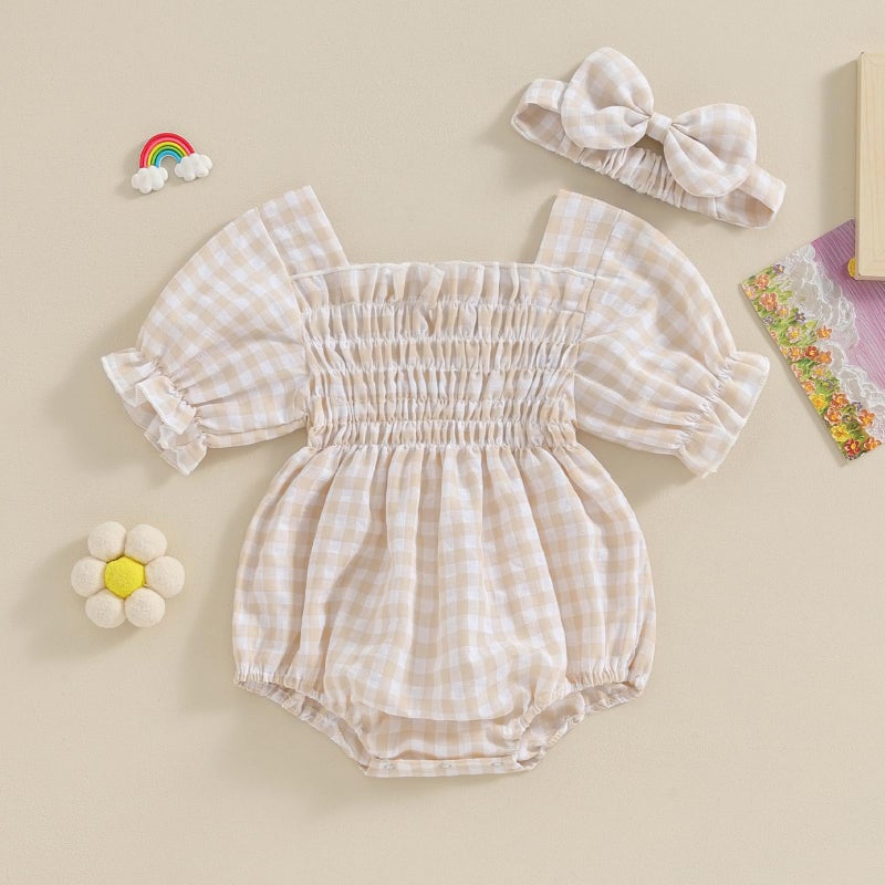 ZAXARRA Infant Baby Girl Plaid Romper Baby Pleated Romper Ruffle Festival Bodysuit Spring Summer Clothes with Headband (Khaki, 3-6 Months) - Image 2