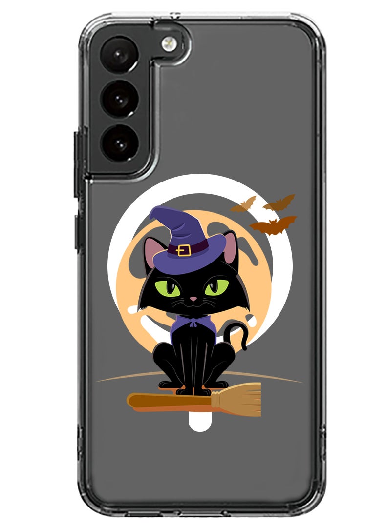 Theodor Magnetic Case for Samsung Galaxy S23 6.1-inch Compatible with MagSafe Wireless Charging, Shockproof Phone Bumper Cover Cat Halloween with broom - Image 1