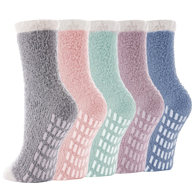 kepiibi 5 Pairs Fuzzy Socks with Grips for Women, Non Slip Cozy Fluffy Soft Socks, Winter Plush Warm Sleep Slipper Hospital Sock - Image 1