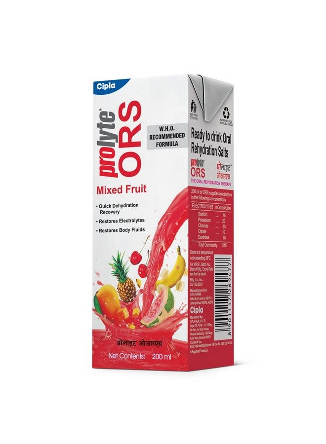 Cipla Prolyte ORS Ready to Drink Oral Rehydration Contains Vital Electrolytes | Restores Body Fluids & Electrolytes Lost Due to Sweating, Diarrhea & Vomiting | WHO Formula (Mixed Fruit, Pack of 10) - Image 1