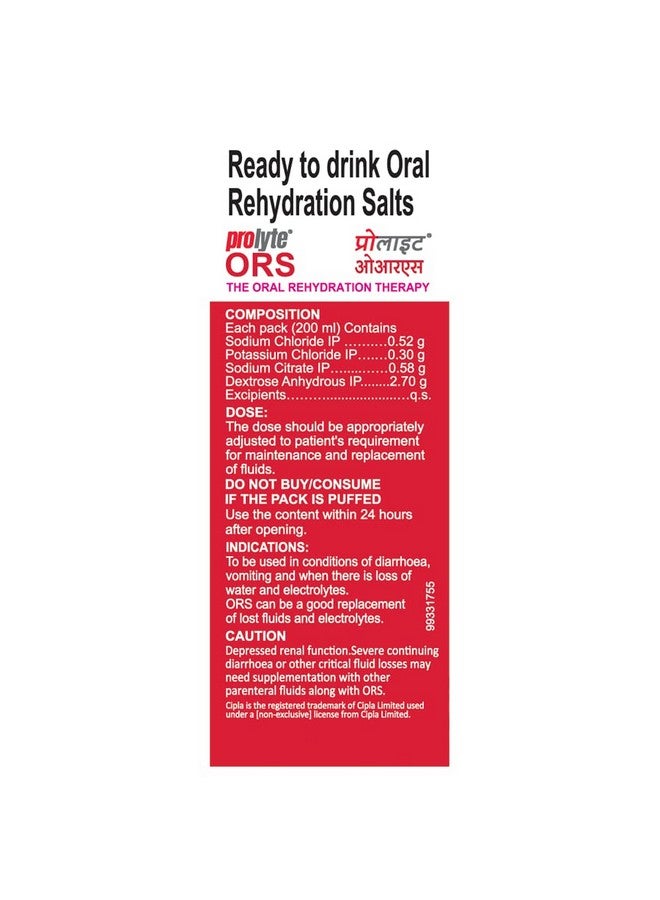 Cipla Prolyte ORS Ready to Drink Oral Rehydration Contains Vital Electrolytes | Restores Body Fluids & Electrolytes Lost Due to Sweating, Diarrhea & Vomiting | WHO Formula (Mixed Fruit, Pack of 10) - Image 3