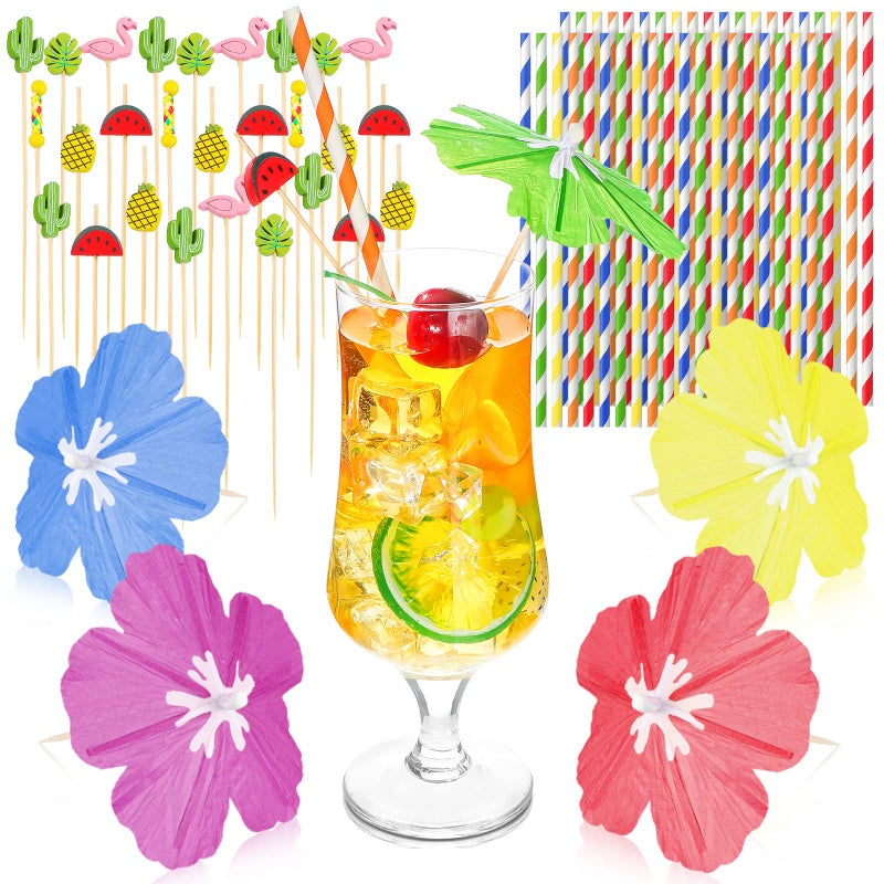 Newtay 160 Pieces Umbrella Cocktail Pick for Drinks Hibiscus Fruit Sticks Colorful Straws Parasol Cocktail for Luau Hawaiian Tropical Summer Beach Pool Wedding Party Decor - Image 1