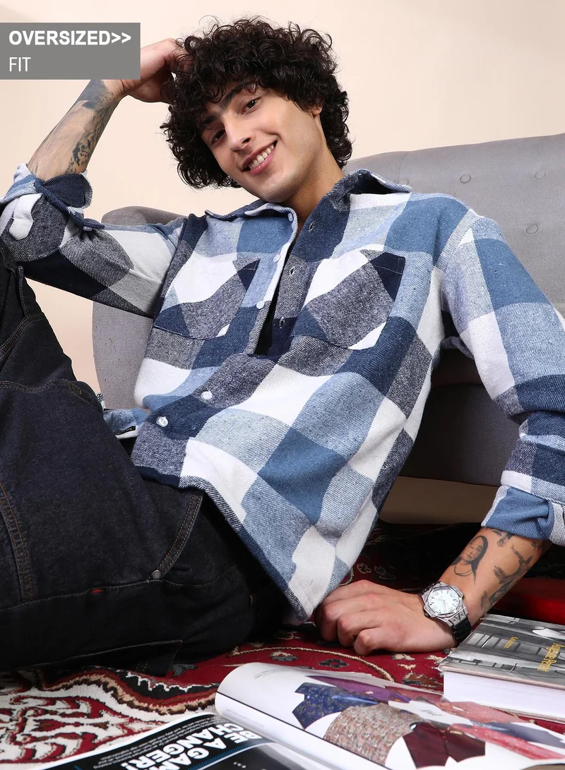 Campus Sutra Campus Sutra Men's Blue & White Buffalo-Check Utility Shacket For Casual Wear | Spread Collar | Long Cuffed Sleeves | Button Closure | Overshirt/Shacket Crafted With Comfort Fit For Everyday Wear