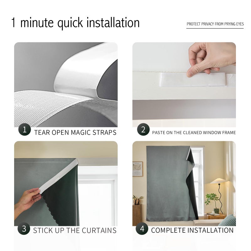 JILRON Magic Tape Stick on Portable Curtains for Windows,Bedroom Blackout Curtains for - Thermal Lnsulated No Drill Curtains Room Darkening Black Small Drapes(1 Panels,35Wx48L inch-Silver Gray) - Image 4