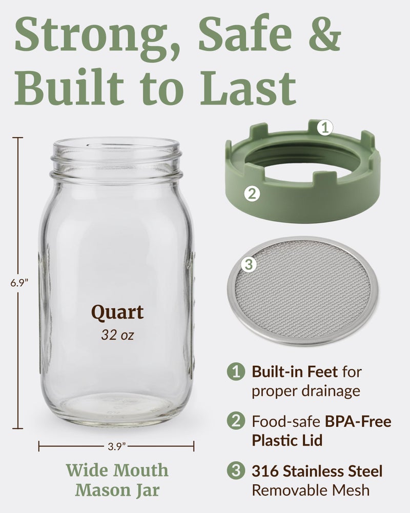 Elementi Sprouting Jar Kit - Set of 2 Wide Mouth Mason Jars with Sprout Lids & Stainless Steel Mesh Screen - Seed Sprouting Kit & Sprout Jars for Growing Broccoli Sprouts, Alfalfa, Mung Bean Sprouter - Image 2