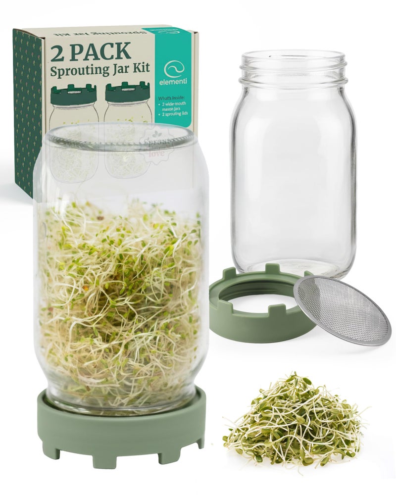 Elementi Sprouting Jar Kit - Set of 2 Wide Mouth Mason Jars with Sprout Lids & Stainless Steel Mesh Screen - Seed Sprouting Kit & Sprout Jars for Growing Broccoli Sprouts, Alfalfa, Mung Bean Sprouter - Image 1
