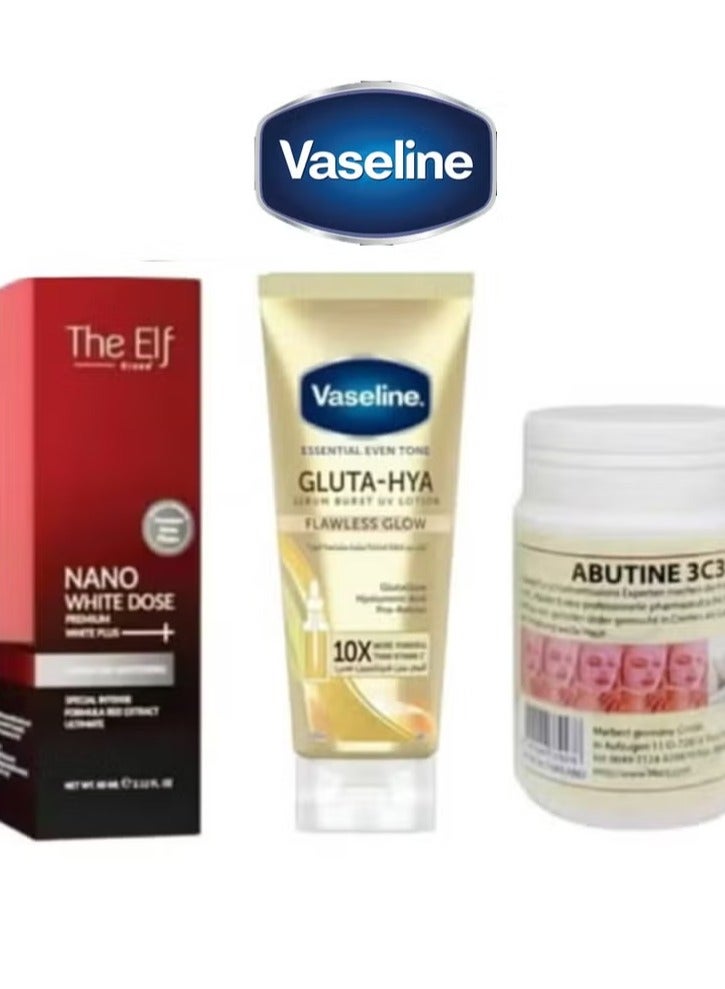 Vaseline Gluta Hyaluronic Acid Serum Burst Lotion 200ml & The Elf Nano Whitening and Renewal Abutine 3C3 Cream Set
