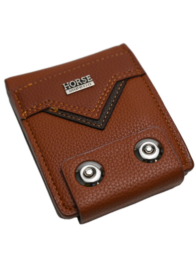 Horse Men's Bifold Wallet in a Solid Color, adorned with Double Buckle Detailing and Internal Card Slots Crafted from Genuine Leather combining style and functionality seamlessly 