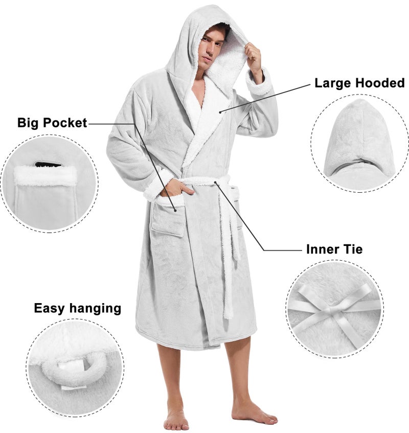 Inner Wish Mens Hooded Robe, Plush Long Bath robes Cozy Warm Bathrobe Fuzzy male Spa Robe With Pockets，LT.GREY+WHITE，2XL/3XL - Image 4