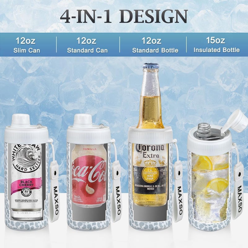 MAXSO Sealed Can Cooler Fizz Lid Can Cover for 12 oz Regular, Slim Skinny Cans & As Thermal Bottle, 4-in-1 Insulated Vacuum Stainless Steel Carbonated Cold Drink Holder - Leopard - Image 5