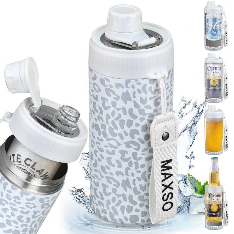MAXSO Sealed Can Cooler Fizz Lid Can Cover for 12 oz Regular, Slim Skinny Cans & As Thermal Bottle, 4-in-1 Insulated Vacuum Stainless Steel Carbonated Cold Drink Holder - Leopard - Image 1