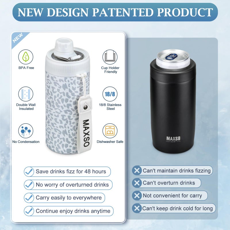 MAXSO Sealed Can Cooler Fizz Lid Can Cover for 12 oz Regular, Slim Skinny Cans & As Thermal Bottle, 4-in-1 Insulated Vacuum Stainless Steel Carbonated Cold Drink Holder - Leopard - Image 3