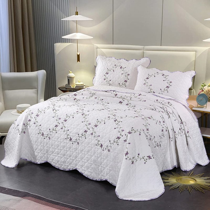 vctops 3-Piece Elegant Floral Embroidered Bedspread Coverlet Set 100% Cotton Reversible Patchwork 1 Quilt and 2 Pillow Shams Full/Queen, Purple - Image 2