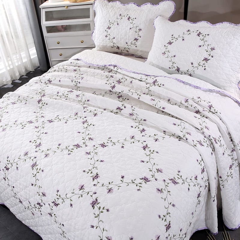vctops 3-Piece Elegant Floral Embroidered Bedspread Coverlet Set 100% Cotton Reversible Patchwork 1 Quilt and 2 Pillow Shams Full/Queen, Purple - Image 3